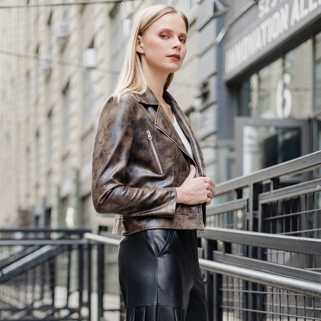Vegan Leather - Distressed Zip Cuff Moto Waist Jacket - Brown - Final Sale | Clara Sunwoo