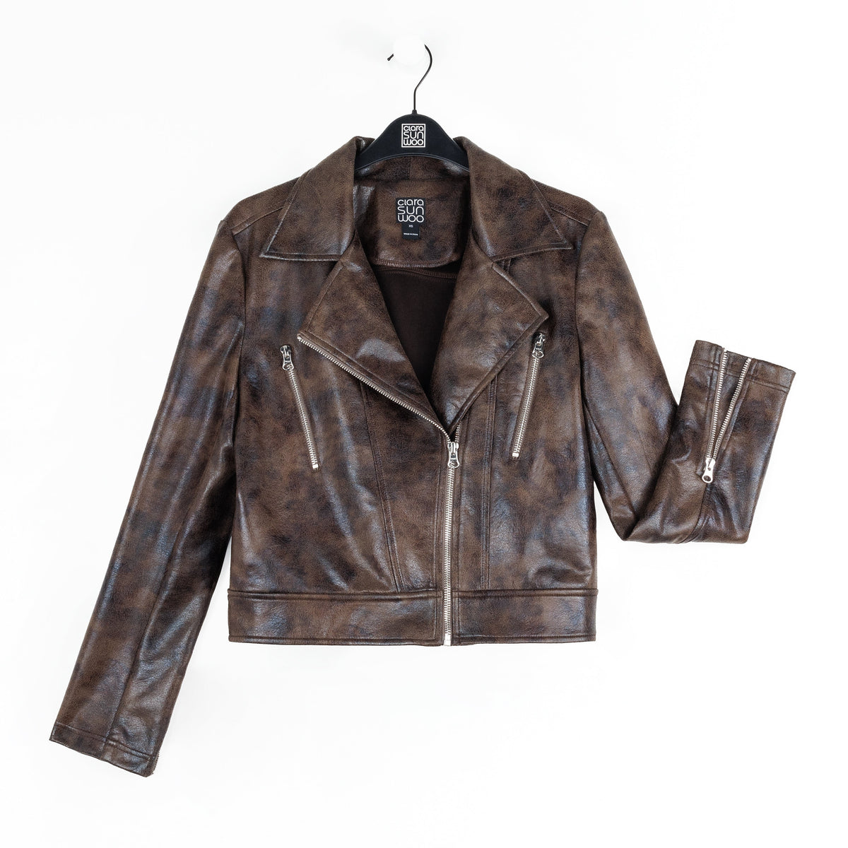 Vegan Leather - Distressed Zip Cuff Moto Waist Jacket - Brown - Final Sale | Clara Sunwoo