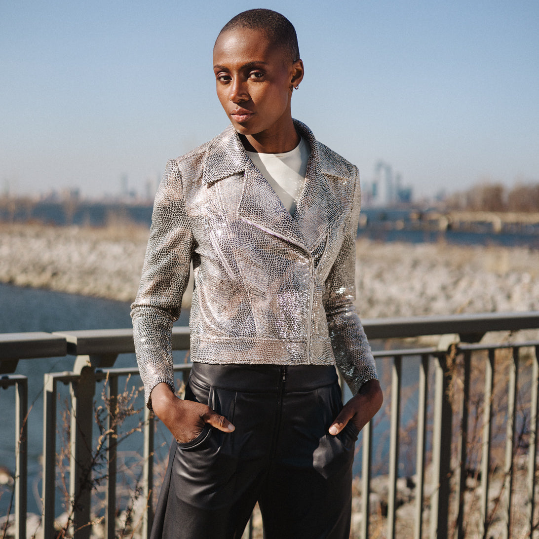 Sequin Knit - Moto Waist Jacket - Champagne - Final Sale | Clara Sunwoo