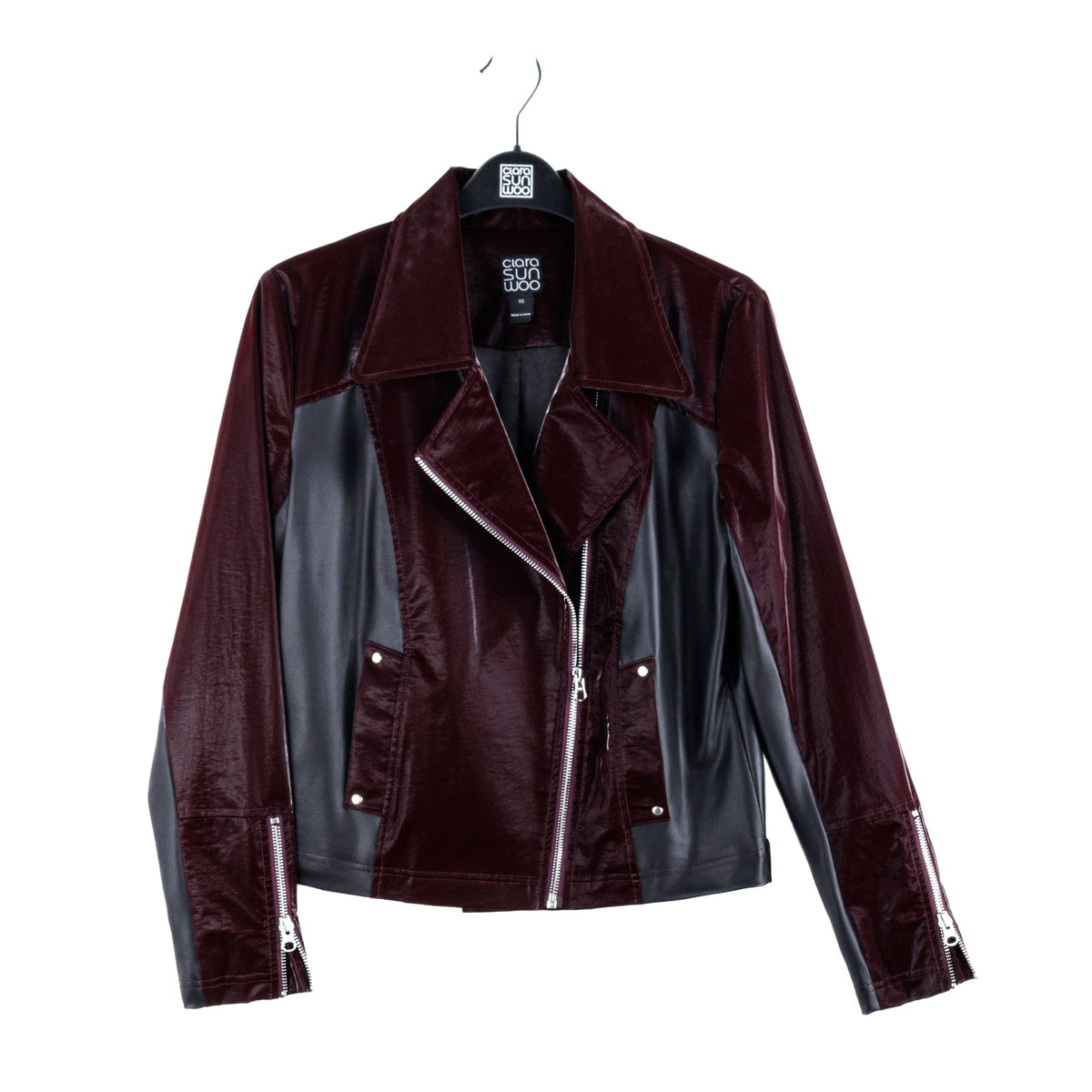 Vinyl + Liquid Leather™ Panel Zip Cuff Pocket Jacket - Mulberry - Final Sale | Clara Sunwoo