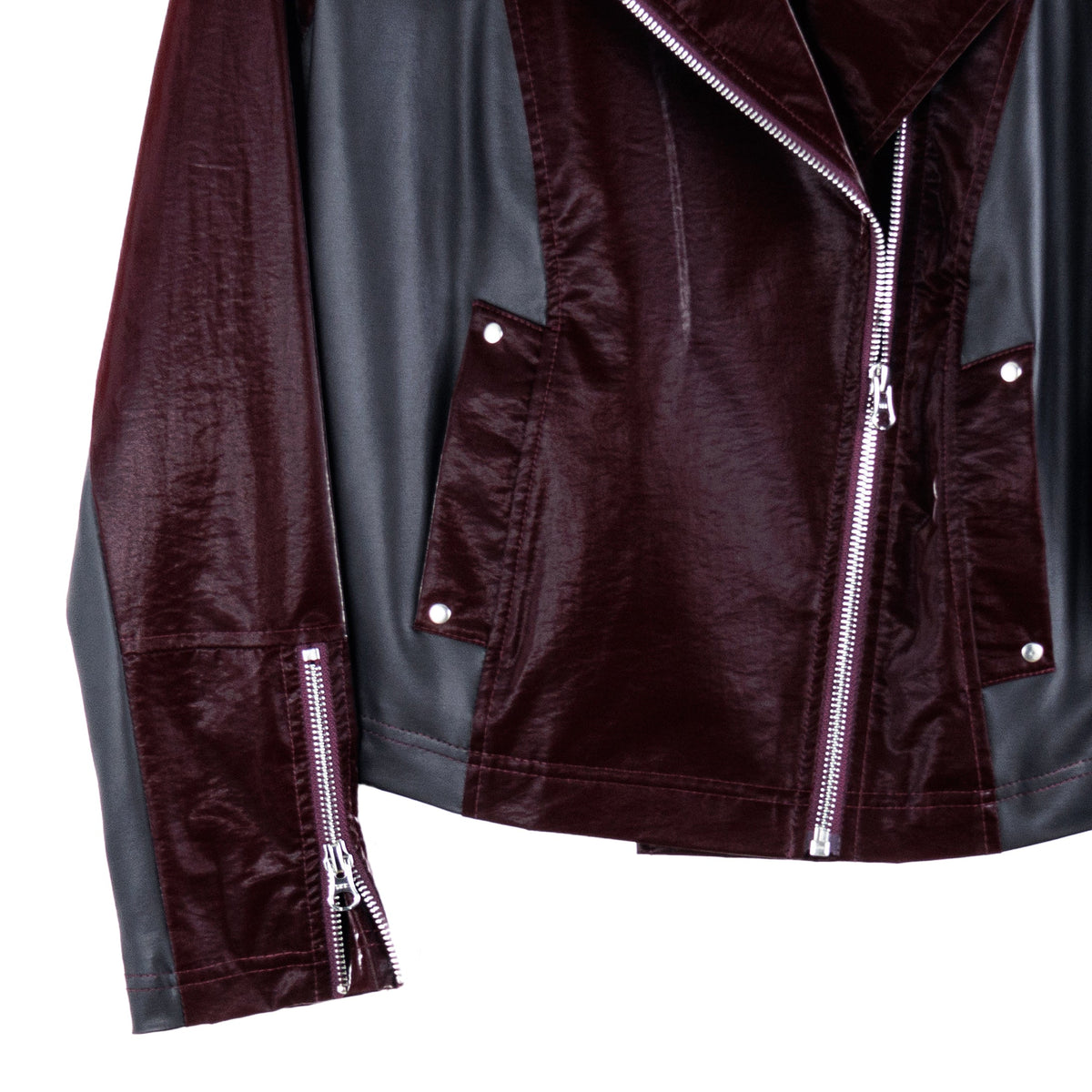 Vinyl + Liquid Leather™ Panel Zip Cuff Pocket Jacket - Mulberry - Final Sale | Clara Sunwoo