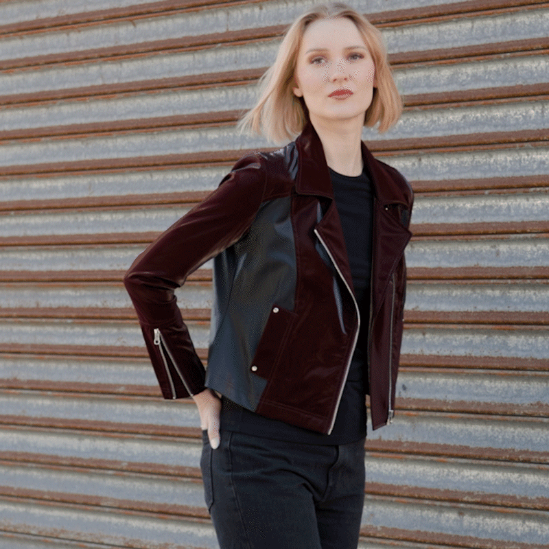 Vinyl + Liquid Leather™ Panel Zip Cuff Pocket Jacket - Mulberry - Final Sale | Clara Sunwoo