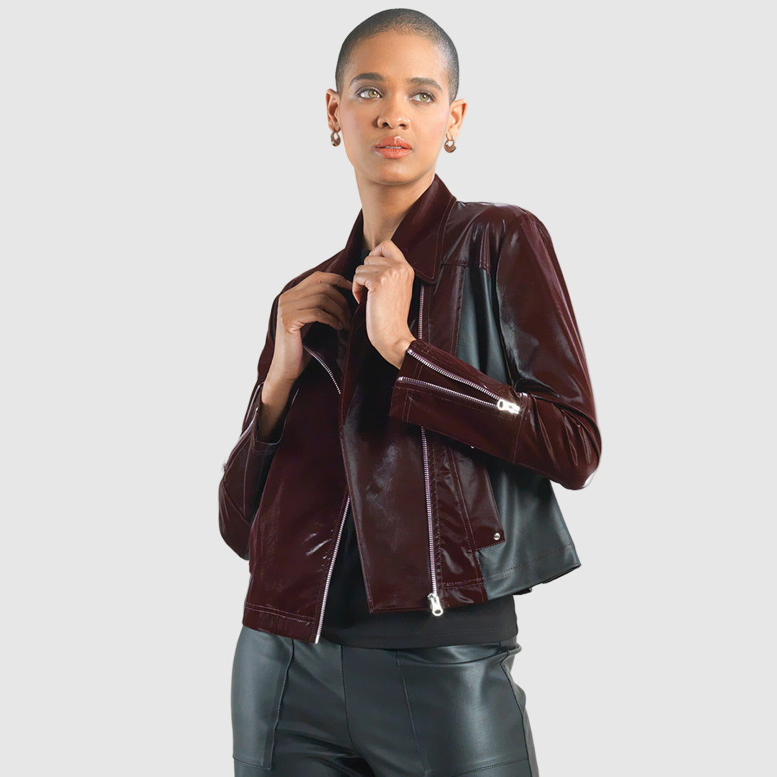 Vinyl + Liquid Leather™ Panel Zip Cuff Pocket Jacket - Mulberry - Final Sale | Clara Sunwoo