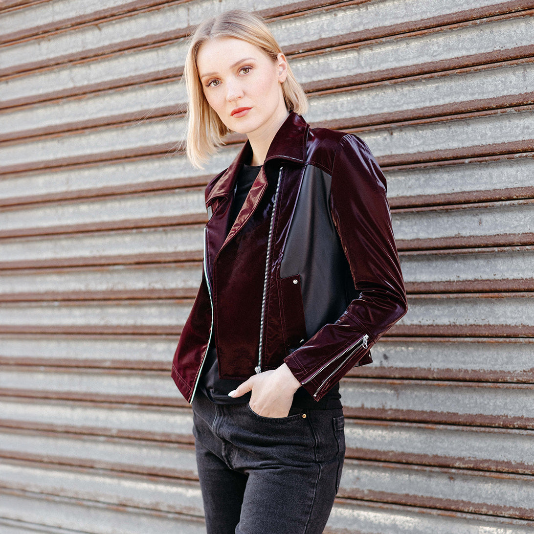 Vinyl + Liquid Leather™ Panel Zip Cuff Pocket Jacket - Mulberry - Final Sale | Clara Sunwoo