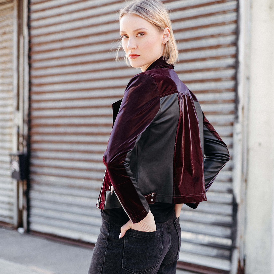 Vinyl + Liquid Leather™ Panel Zip Cuff Pocket Jacket - Mulberry - Final Sale | Clara Sunwoo