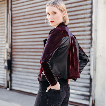 Vinyl + Liquid Leather™ Panel Zip Cuff Pocket Jacket - Mulberry - Final Sale | Clara Sunwoo