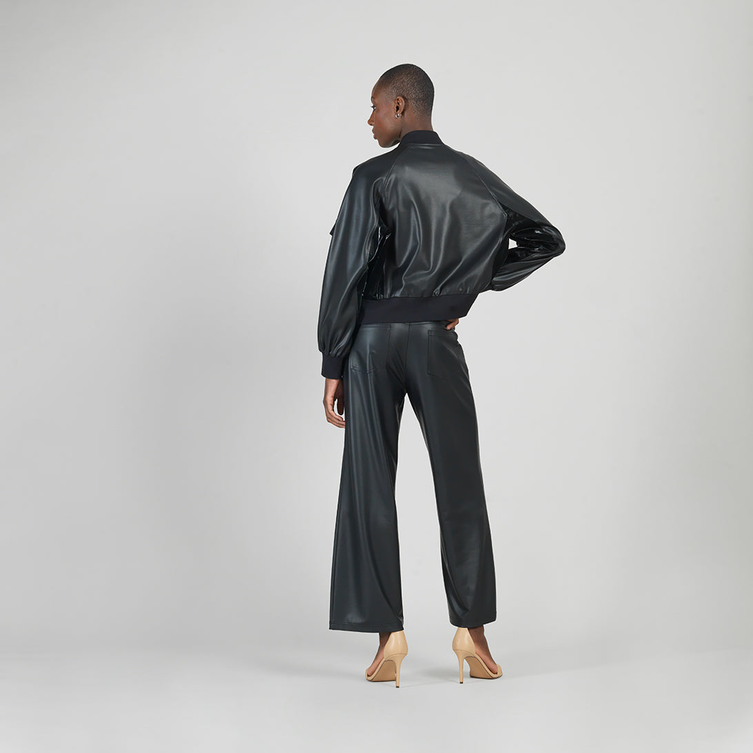 Liquid Leather™ + Vinyl Panel Varsity Bomber Jacket - Black - Final Sale | Clara Sunwoo