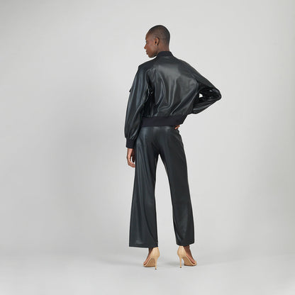 Liquid Leather™ + Vinyl Panel Varsity Bomber Jacket - Black - Final Sale | Clara Sunwoo