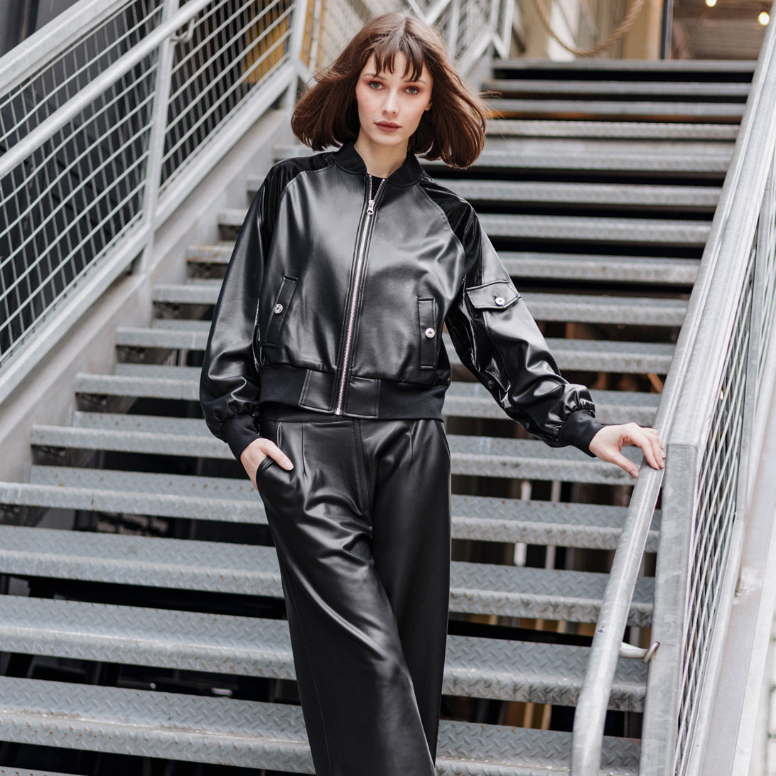 Liquid Leather™ + Vinyl Panel Varsity Bomber Jacket - Black - Final Sale | Clara Sunwoo