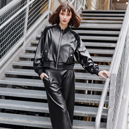 Liquid Leather™ + Vinyl Panel Varsity Bomber Jacket - Black - Final Sale | Clara Sunwoo