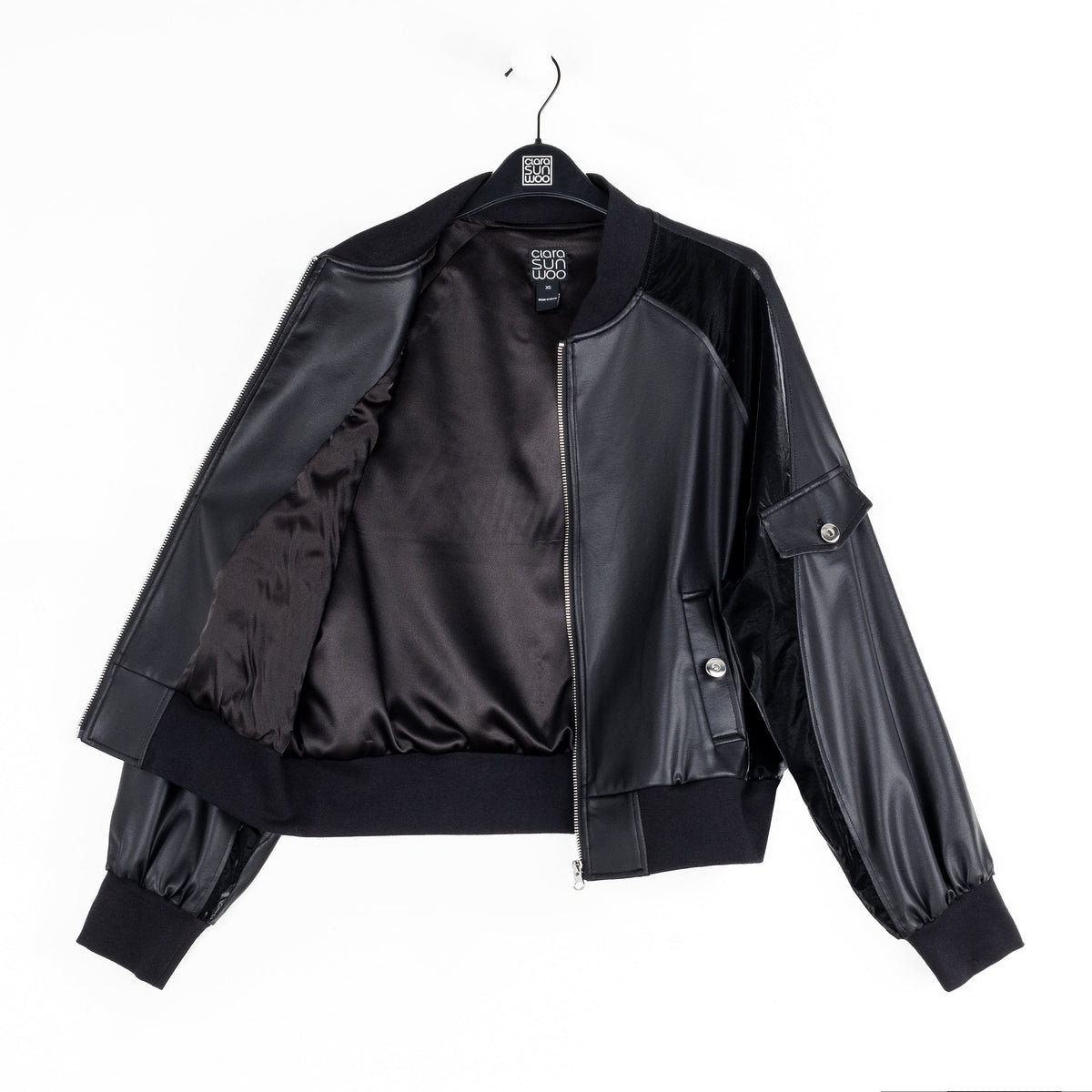 Liquid Leather™ + Vinyl Panel Varsity Bomber Jacket - Black - Final Sale | Clara Sunwoo
