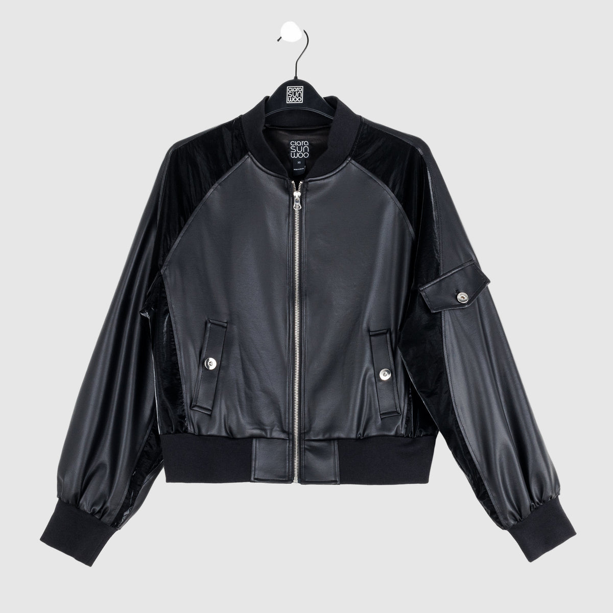 Liquid Leather™ + Vinyl Panel Varsity Bomber Jacket - Black - Final Sale | Clara Sunwoo