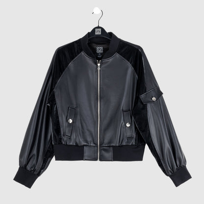 Liquid Leather™ + Vinyl Panel Varsity Bomber Jacket - Black - Final Sale | Clara Sunwoo