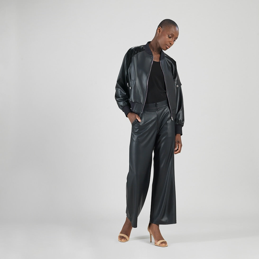 Liquid Leather™ + Vinyl Panel Varsity Bomber Jacket - Black - Final Sale | Clara Sunwoo