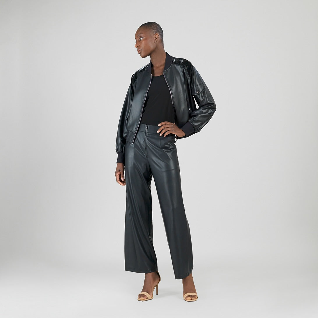 Liquid Leather™ + Vinyl Panel Varsity Bomber Jacket - Black - Final Sale | Clara Sunwoo
