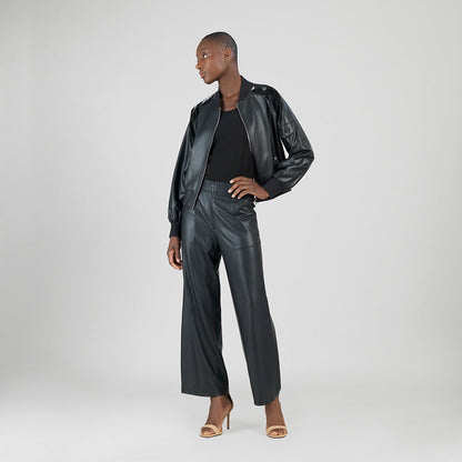 Liquid Leather™ + Vinyl Panel Varsity Bomber Jacket - Black - Final Sale | Clara Sunwoo