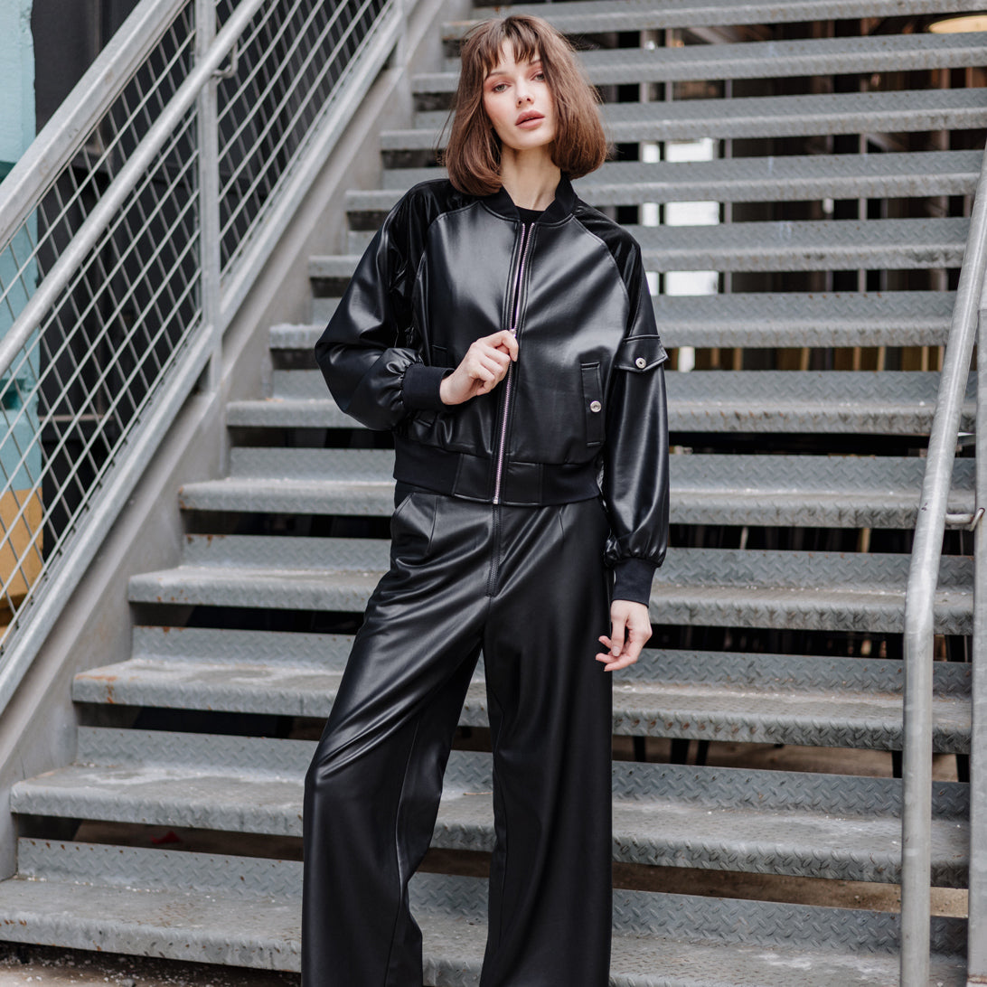 Liquid Leather™ + Vinyl Panel Varsity Bomber Jacket - Black - Final Sale | Clara Sunwoo