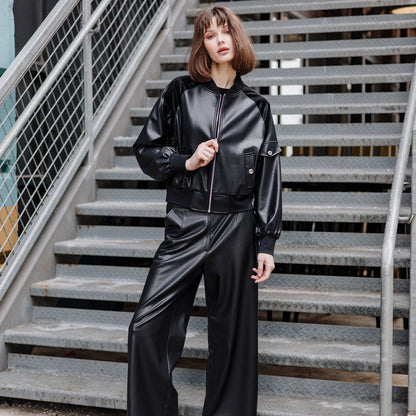 Liquid Leather™ + Vinyl Panel Varsity Bomber Jacket - Black - Final Sale | Clara Sunwoo