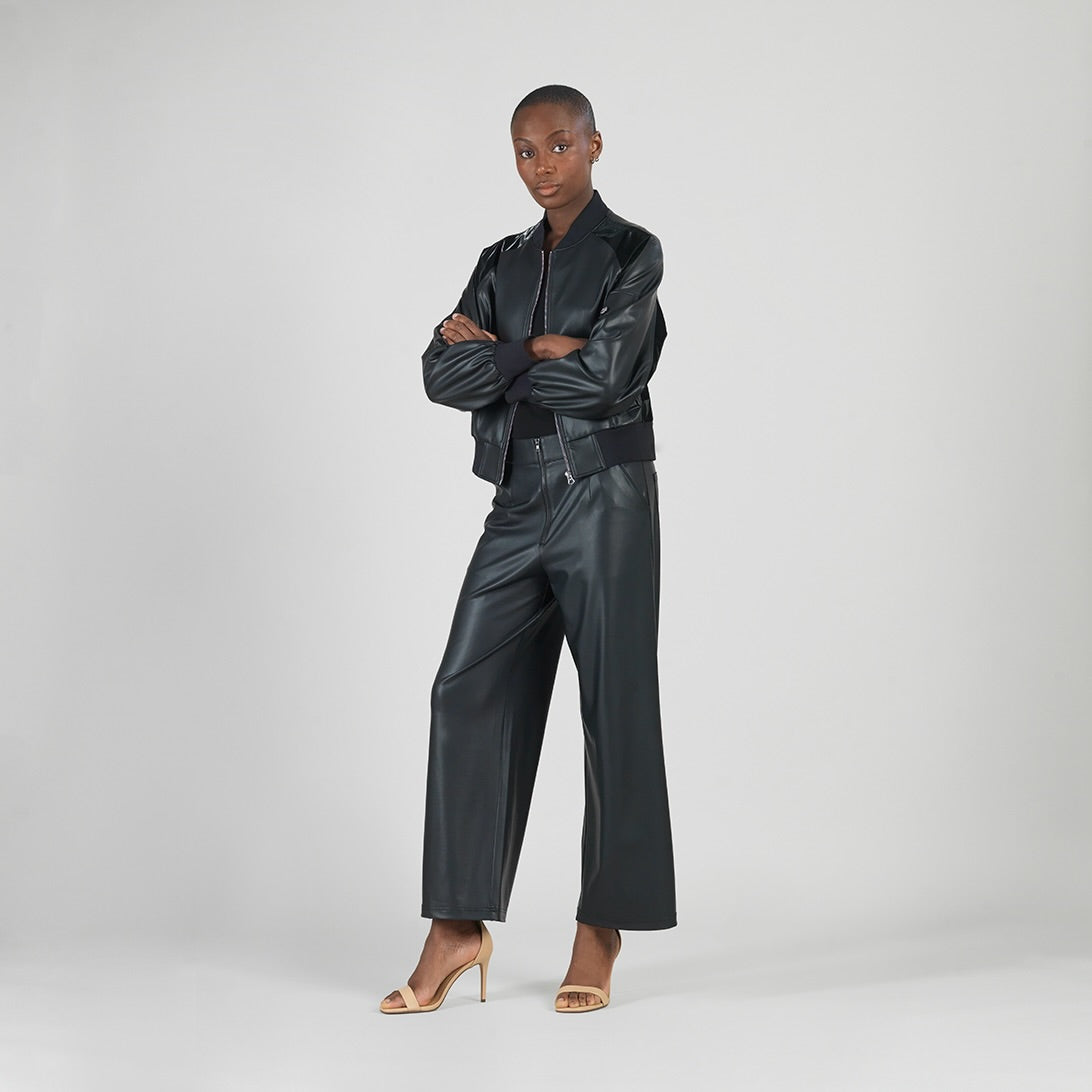 Liquid Leather™ + Vinyl Panel Varsity Bomber Jacket - Black - Final Sale | Clara Sunwoo