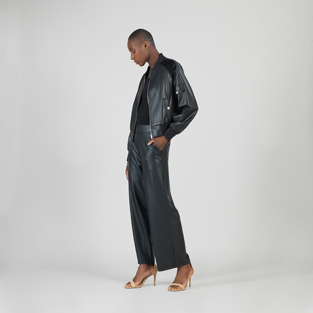 Liquid Leather™ + Vinyl Panel Varsity Bomber Jacket - Black - Final Sale | Clara Sunwoo