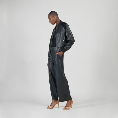 Liquid Leather™ + Vinyl Panel Varsity Bomber Jacket - Black - Final Sale | Clara Sunwoo