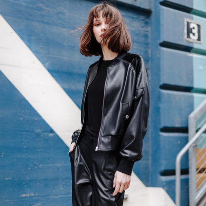 Liquid Leather™ + Vinyl Panel Varsity Bomber Jacket - Black - Final Sale | Clara Sunwoo
