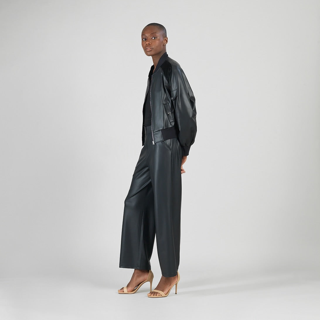 Liquid Leather™ + Vinyl Panel Varsity Bomber Jacket - Black - Final Sale | Clara Sunwoo