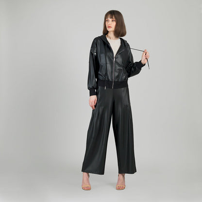 Liquid Leather™ Hooded Drawstring Track Jacket - Black | Clara Sunwoo