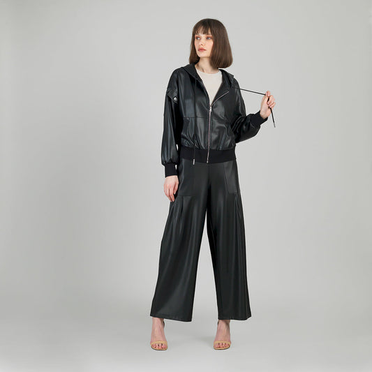 Liquid Leather™ Hooded Drawstring Track Jacket - Black | Clara Sunwoo