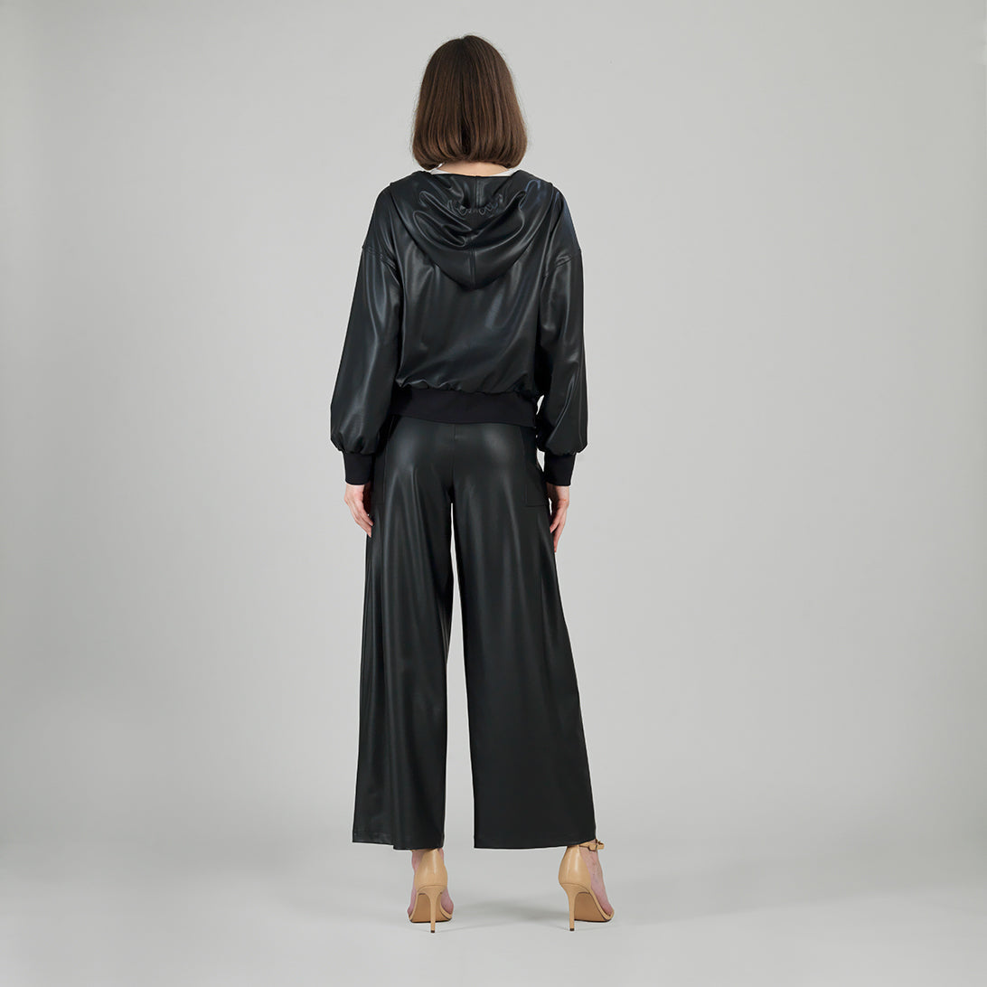 Liquid Leather™ Hooded Drawstring Track Jacket - Black | Clara Sunwoo