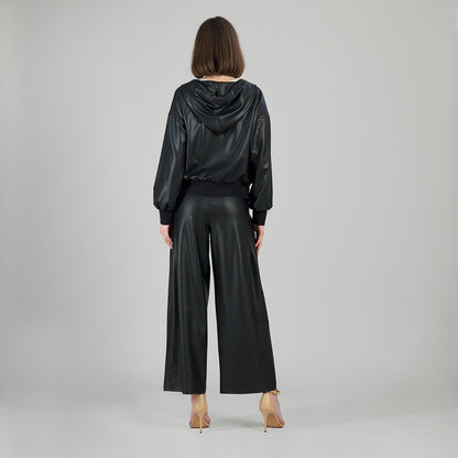 Liquid Leather™ Hooded Drawstring Track Jacket - Black | Clara Sunwoo