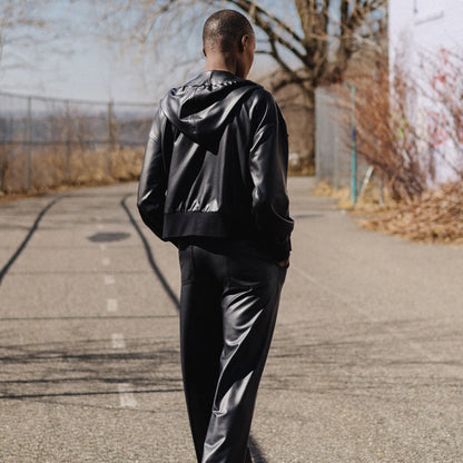 Liquid Leather™ Hooded Drawstring Track Jacket - Black | Clara Sunwoo