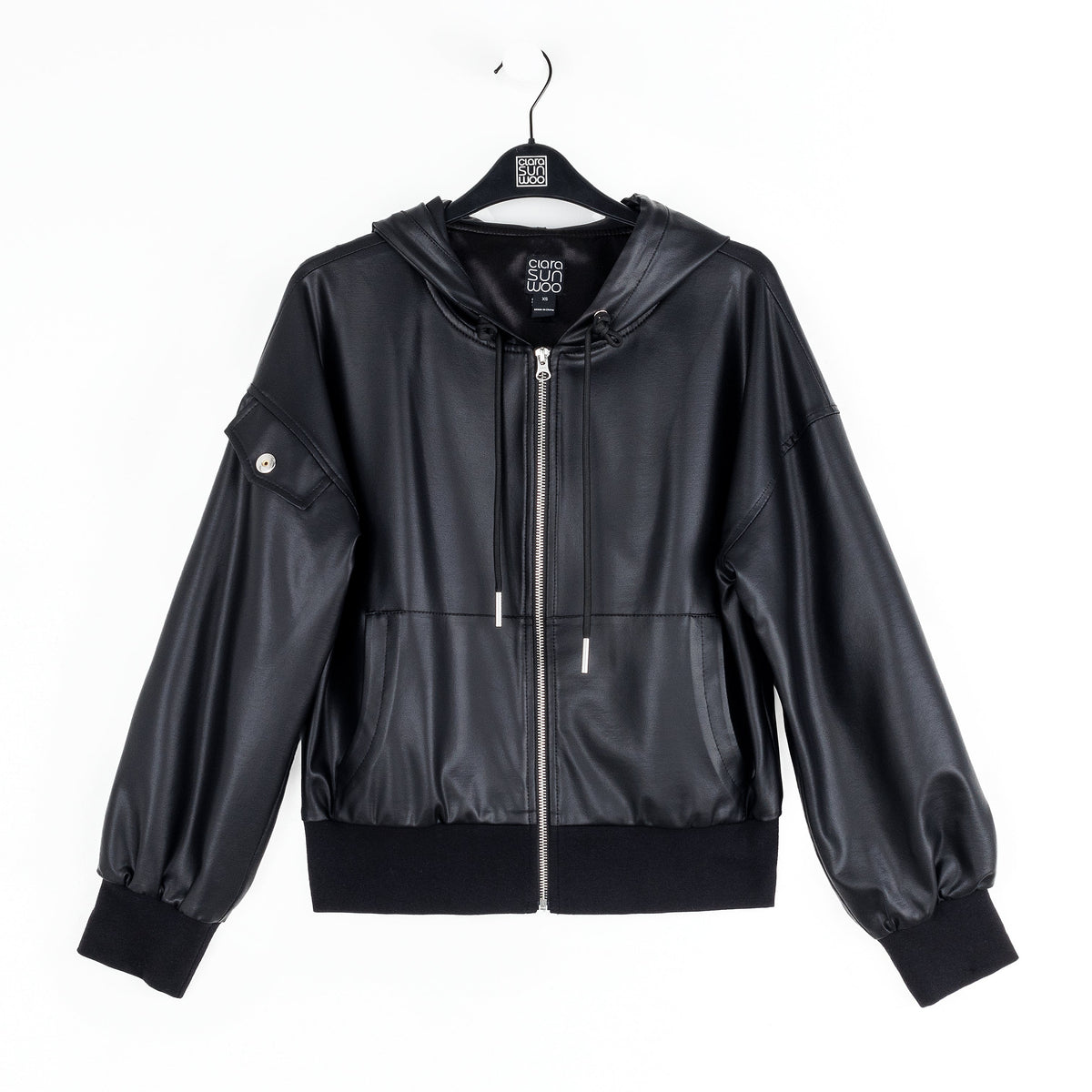 Liquid Leather™ Hooded Drawstring Track Jacket - Black | Clara Sunwoo