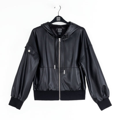 Liquid Leather™ Hooded Drawstring Track Jacket - Black | Clara Sunwoo