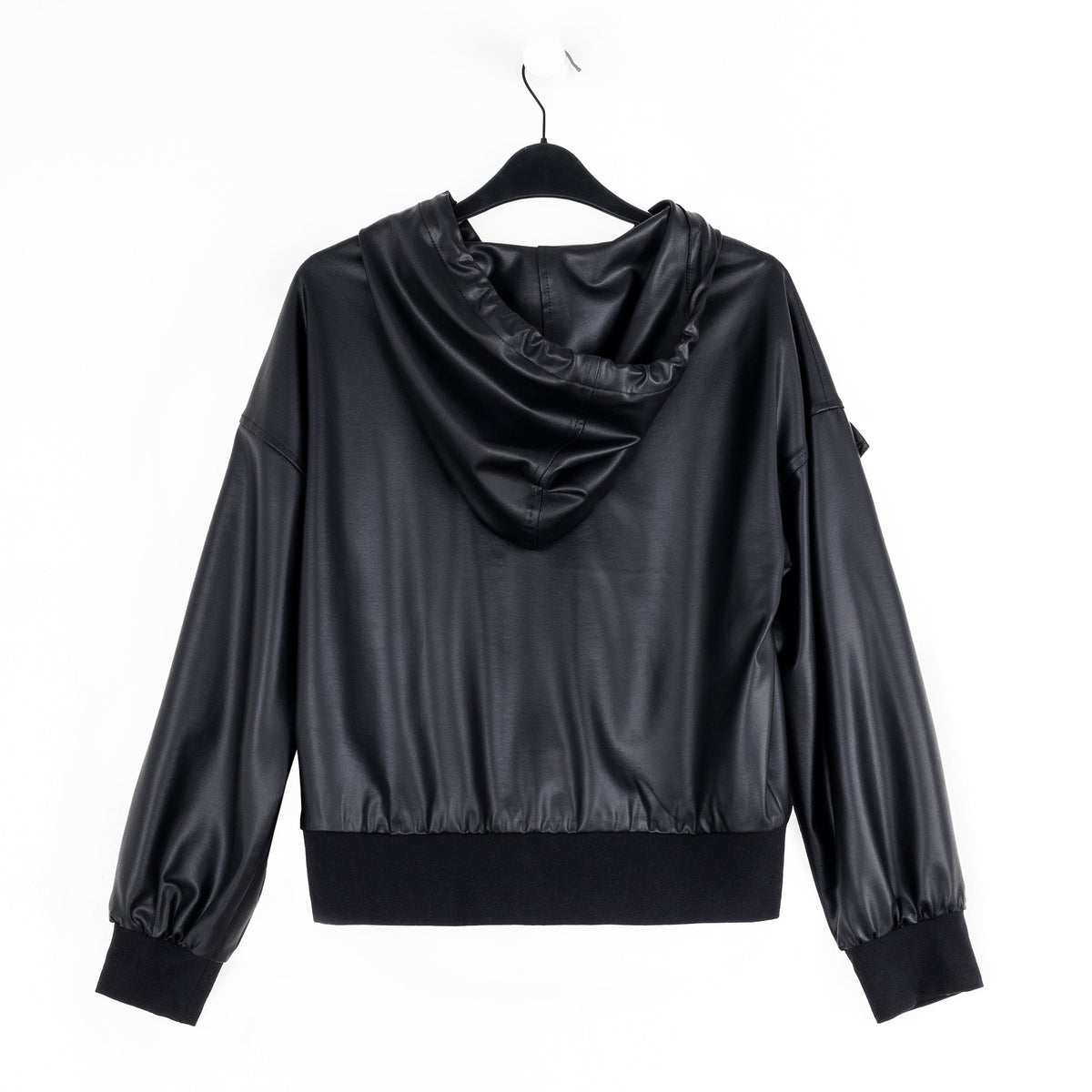 Liquid Leather™ Hooded Drawstring Track Jacket - Black | Clara Sunwoo
