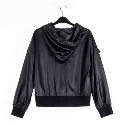 Liquid Leather™ Hooded Drawstring Track Jacket - Black | Clara Sunwoo