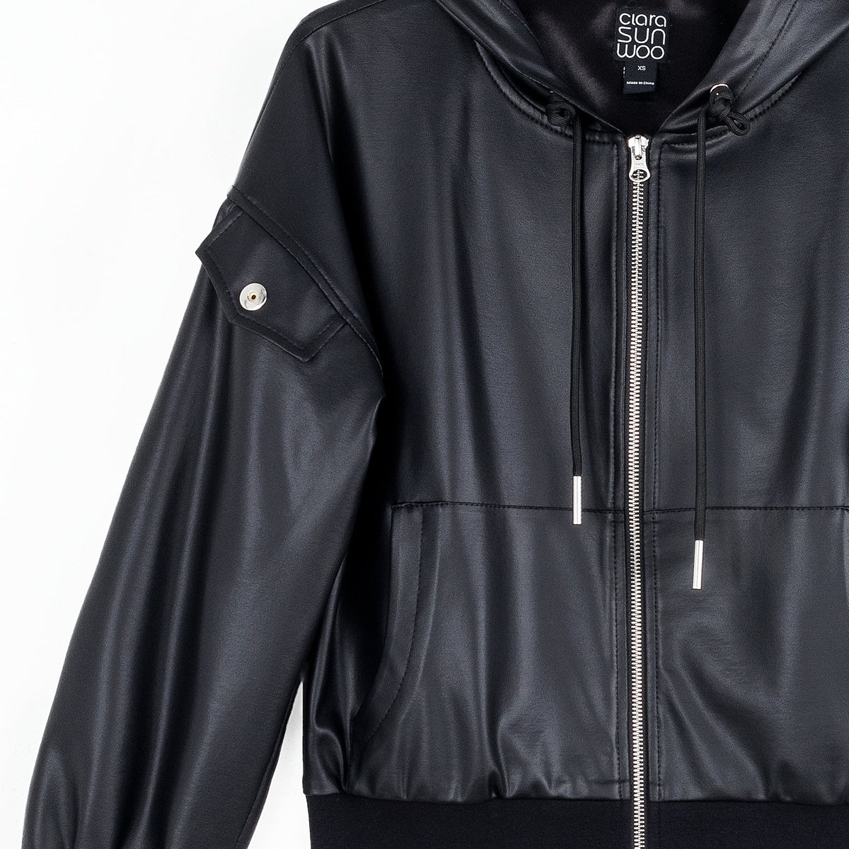 Liquid Leather™ Hooded Drawstring Track Jacket - Black | Clara Sunwoo