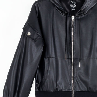 Liquid Leather™ Hooded Drawstring Track Jacket - Black | Clara Sunwoo