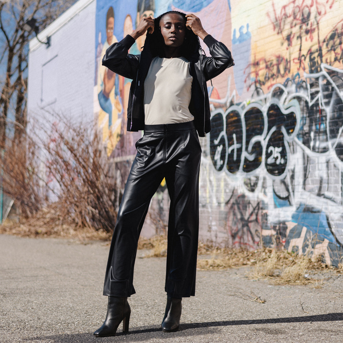 Liquid Leather™ Hooded Drawstring Track Jacket - Black | Clara Sunwoo