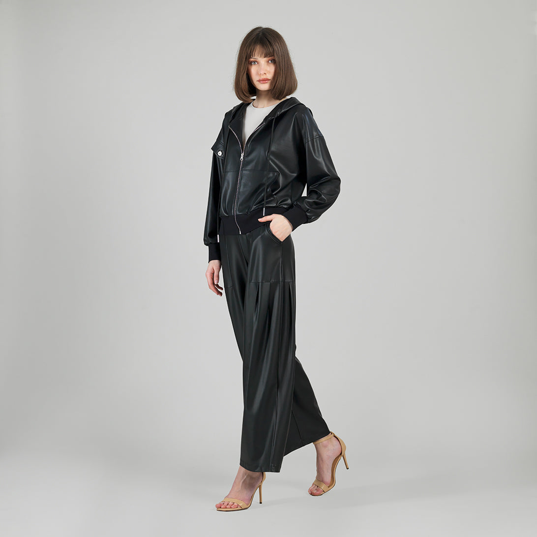 Liquid Leather™ Hooded Drawstring Track Jacket - Black | Clara Sunwoo