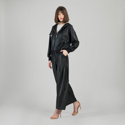 Liquid Leather™ Hooded Drawstring Track Jacket - Black | Clara Sunwoo