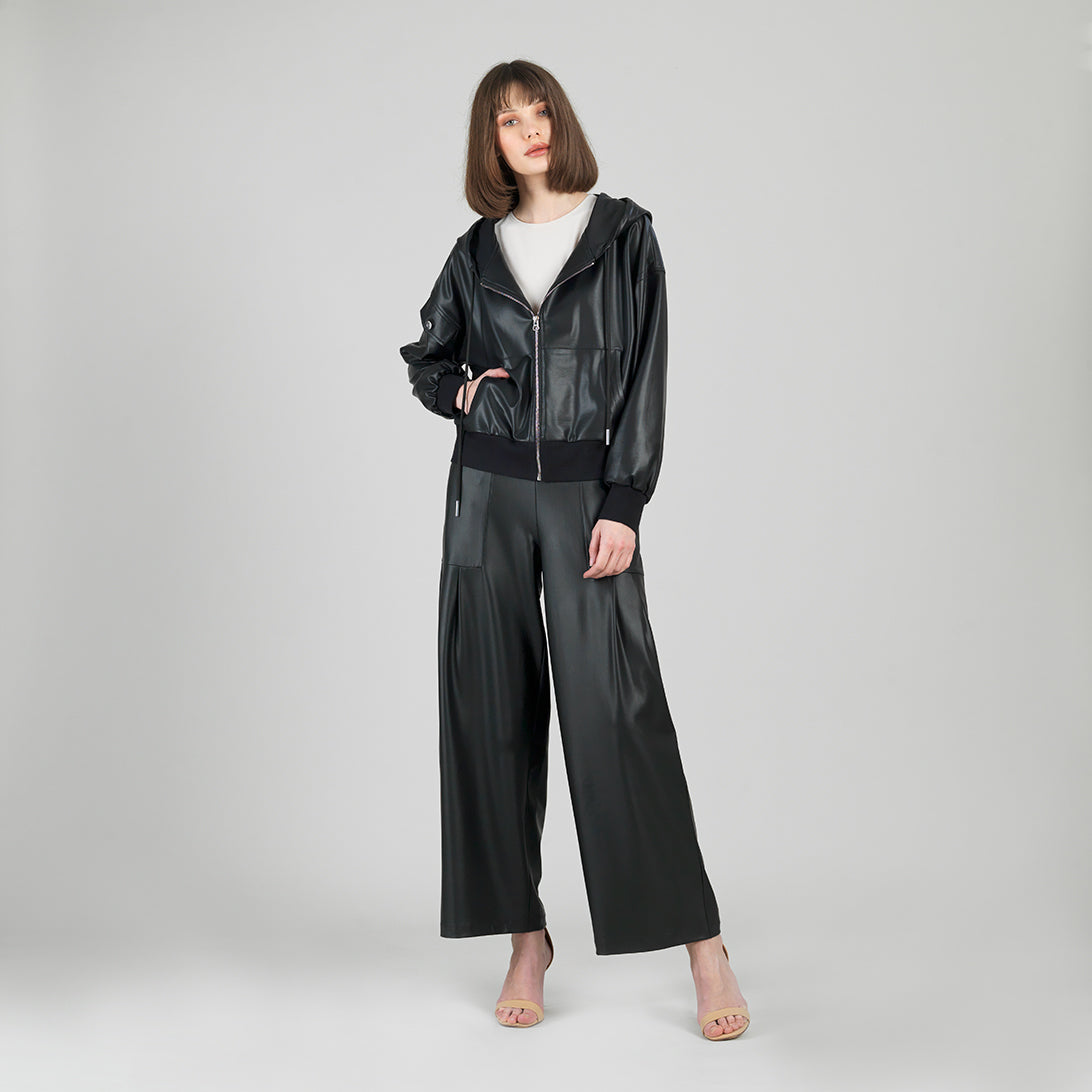 Liquid Leather™ Hooded Drawstring Track Jacket - Black | Clara Sunwoo