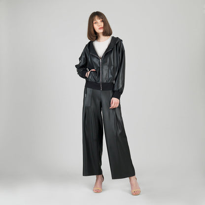 Liquid Leather™ Hooded Drawstring Track Jacket - Black | Clara Sunwoo