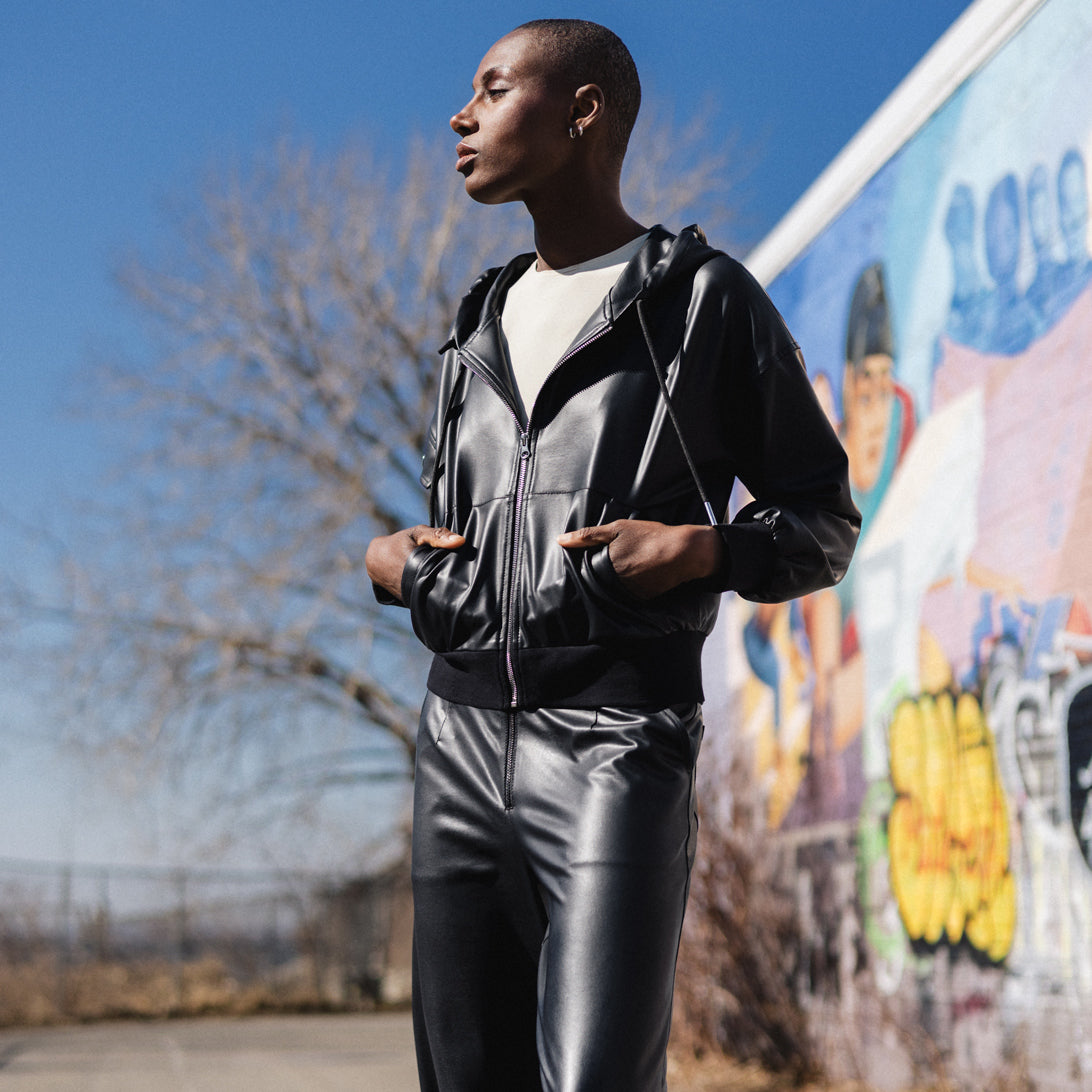 Liquid Leather™ Hooded Drawstring Track Jacket - Black | Clara Sunwoo