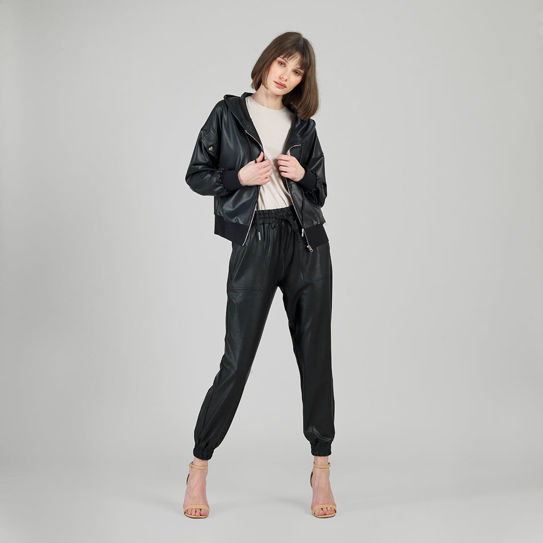Liquid Leather™ Hooded Drawstring Track Jacket - Black | Clara Sunwoo
