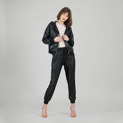 Liquid Leather™ Hooded Drawstring Track Jacket - Black | Clara Sunwoo