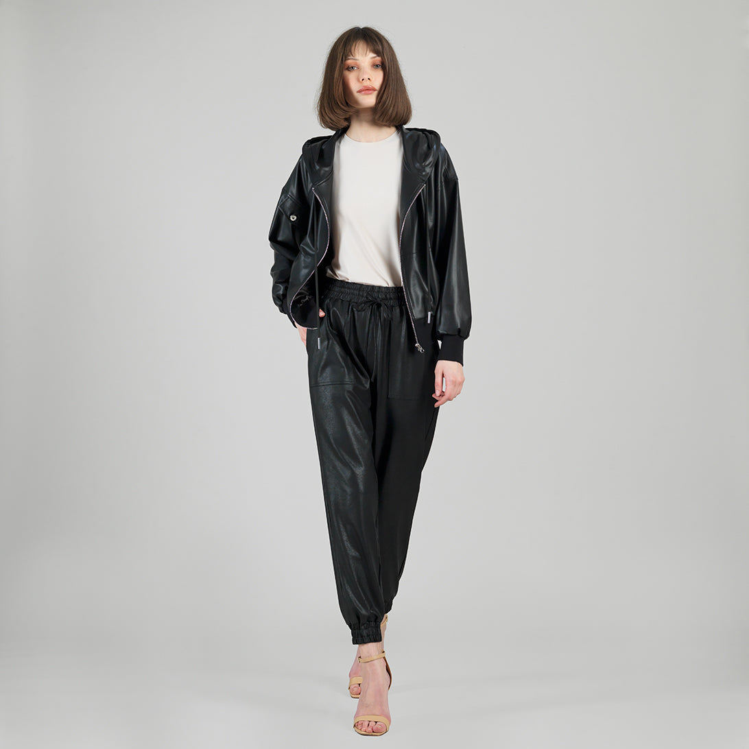 Liquid Leather™ Hooded Drawstring Track Jacket - Black | Clara Sunwoo