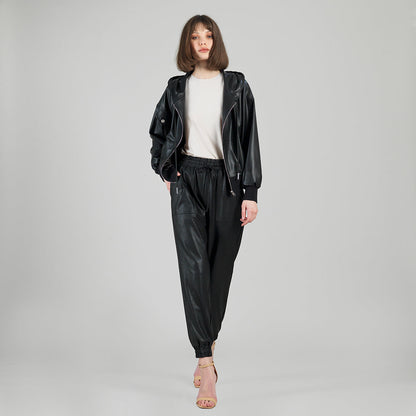 Liquid Leather™ Hooded Drawstring Track Jacket - Black | Clara Sunwoo