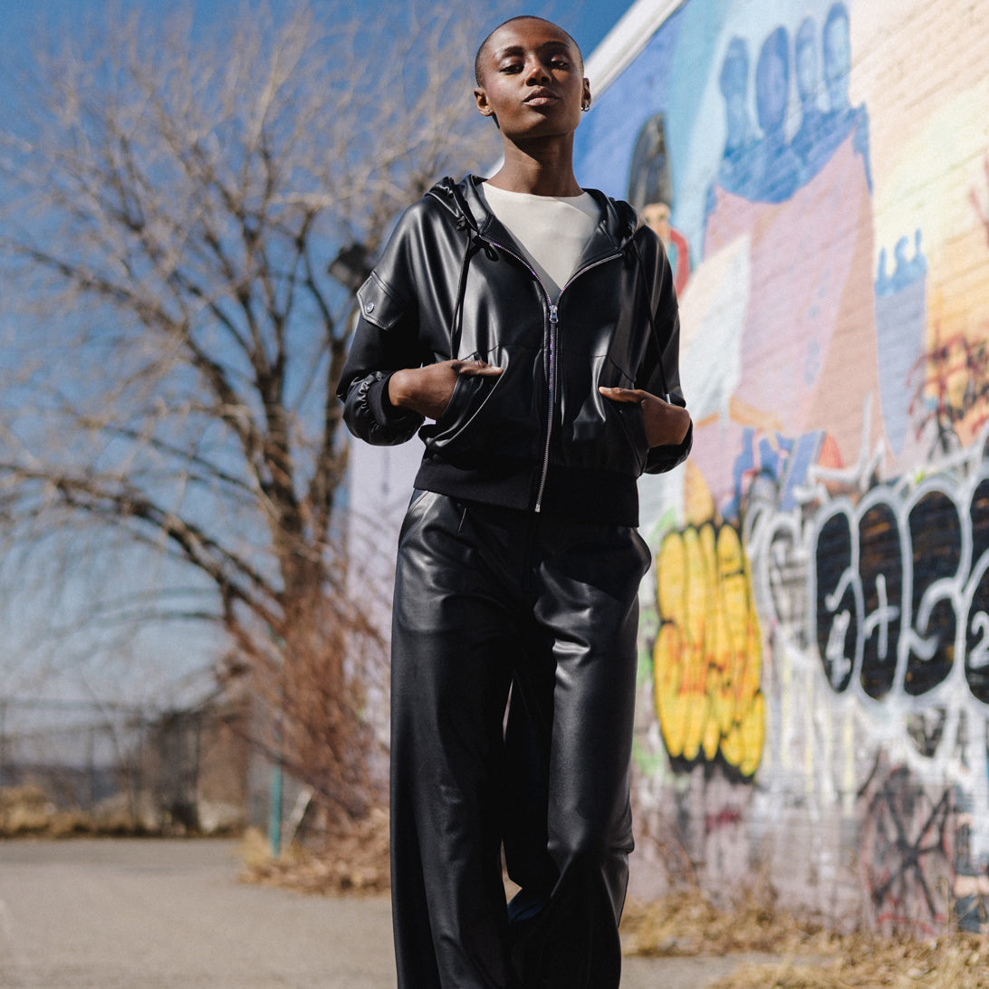 Liquid Leather™ Hooded Drawstring Track Jacket - Black | Clara Sunwoo