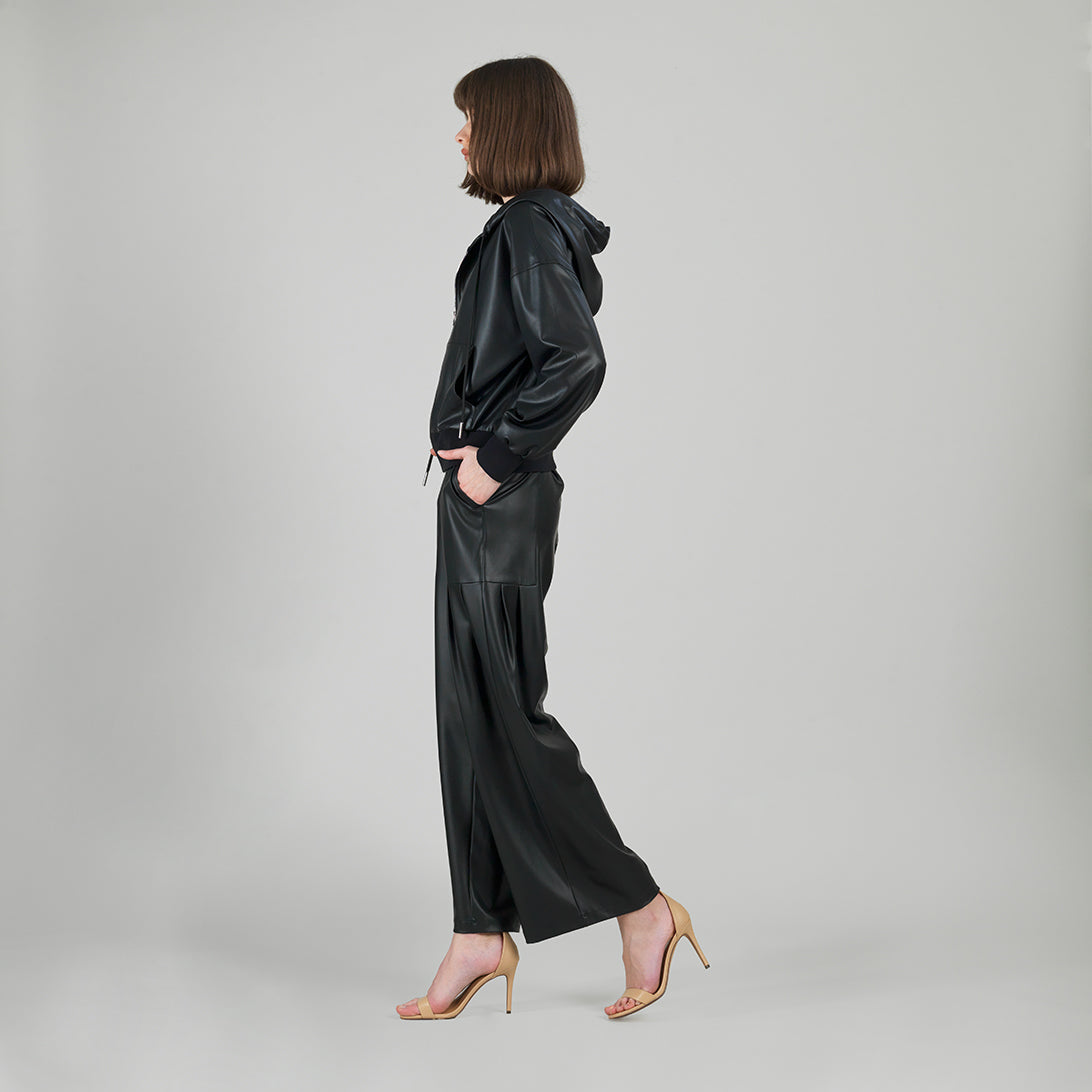 Liquid Leather™ Hooded Drawstring Track Jacket - Black | Clara Sunwoo